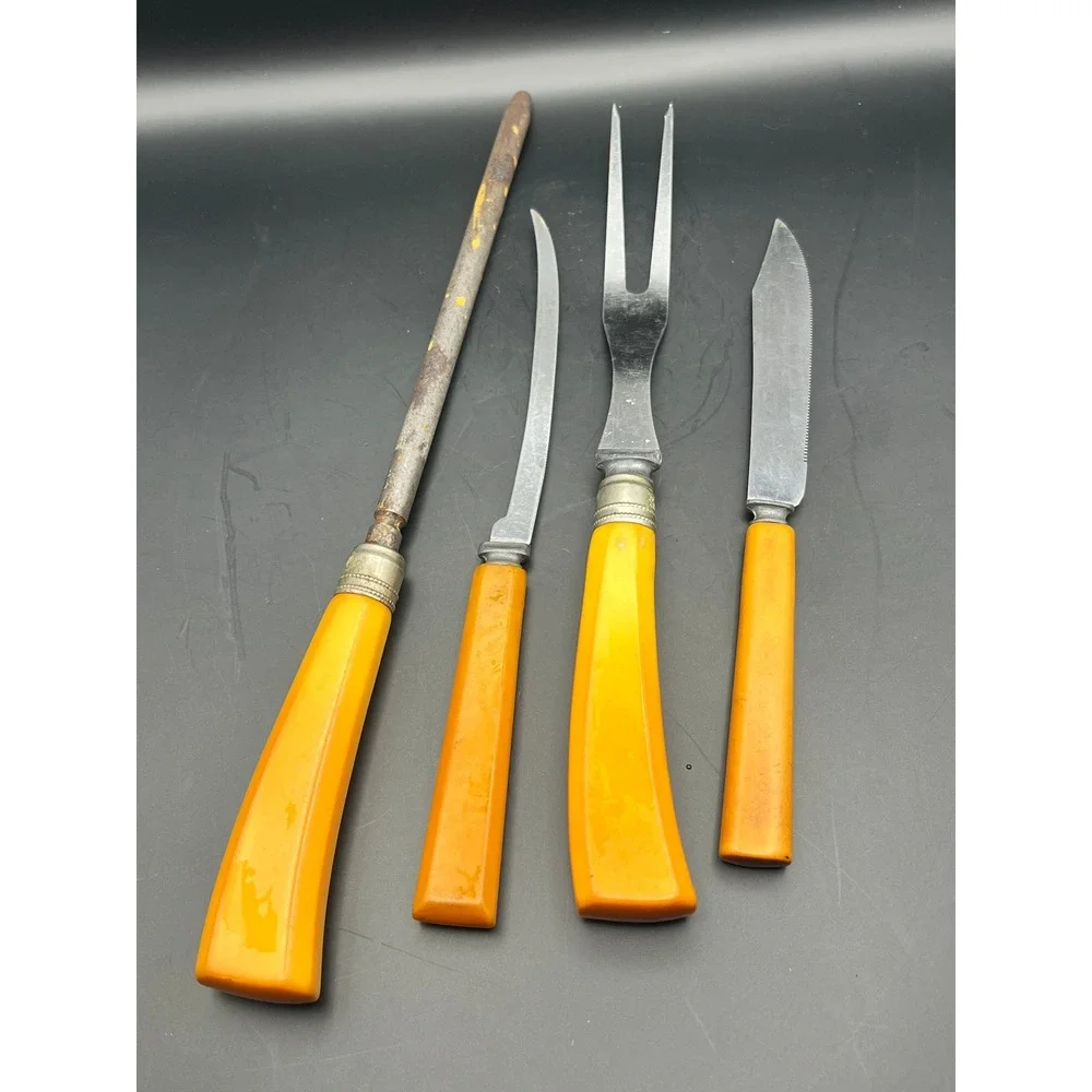 Vtg Butterscotch Bakelite Handle Stainless Steel Carving 4 Pc Set MCM Knife Fork